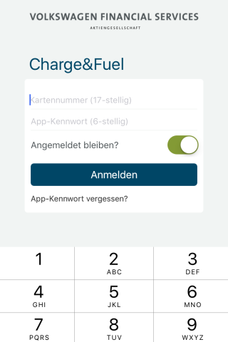 Für die "Charge & Fuel"-App von VW braucht es nur die Kartennummer und ein App-Kennwort.