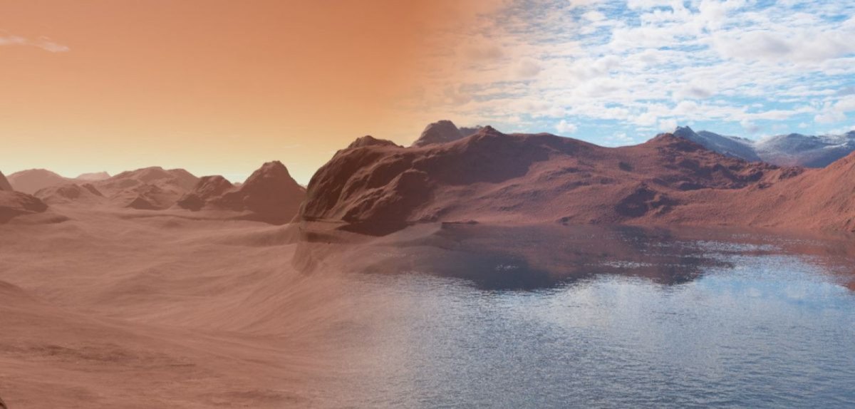 Bildzusammensetzung aus Marslandschaft ohne und Marslandschaft mit Wasser.