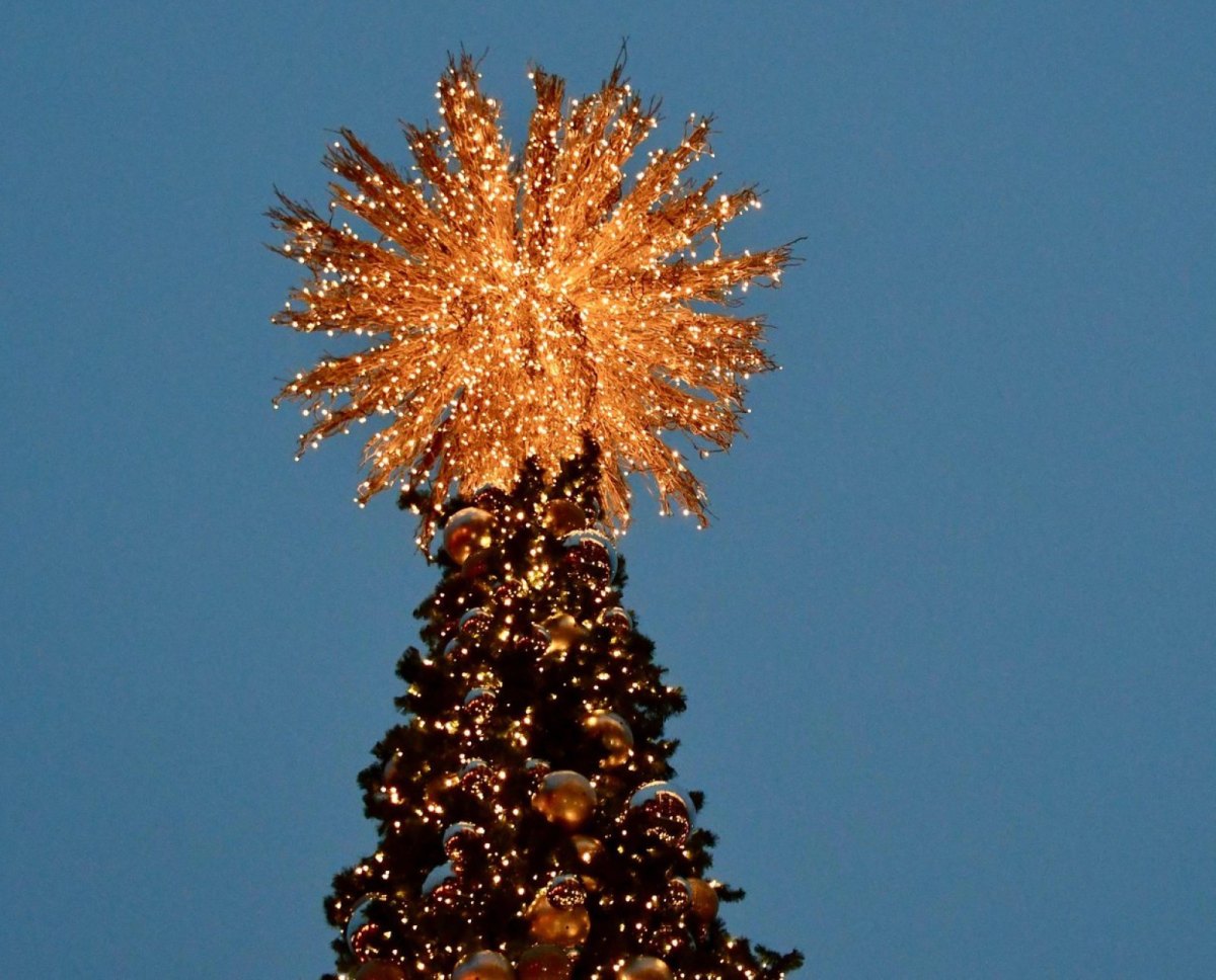 Die beleuchtete Spitze eines Weihnachtsbaums