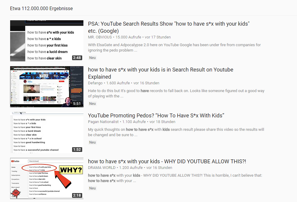 Wird der Suchvorschlag "how to have s*x for kids" angeklickt, zeigt die Ergebnisliste Videos, die YouTubes Fehlverhalten dokumentieren.