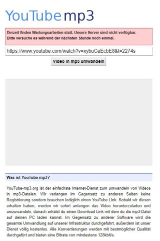Die Seite ist noch aufrufbar, YouTube-Videos können aber nicht mehr konvertiert werden.
