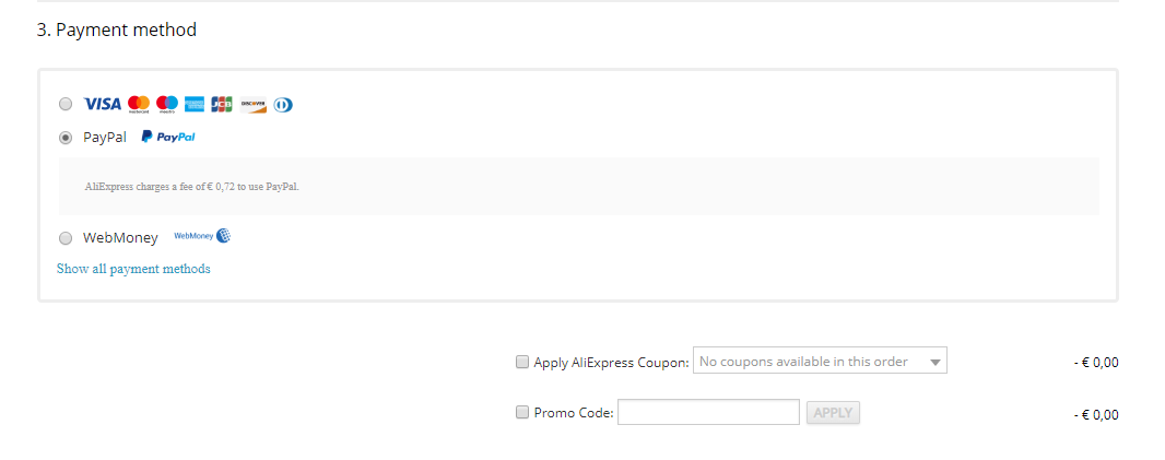 Für die Zahlmethode PayPal gibt es eine Option zum Anklicken bei AliExpress.