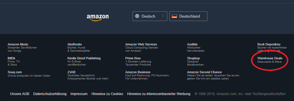 Den Link zum Amazon Warehouse findet du erst ganz weit unten auf der Webseite.