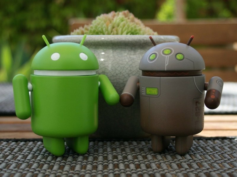 Zwei Android-Roboter vor einer Pflanze