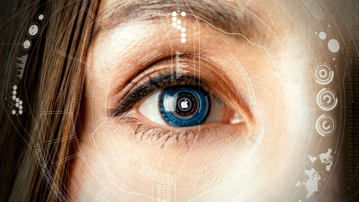 Smarte Kontaktlinse mit Apple-Logo auf der Pupille