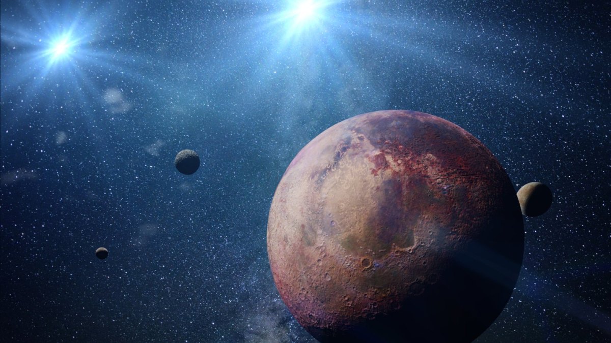3D-Illustation von einem Exoplaneten mit Exo-Monden umkreist ein Doppelstern-System.