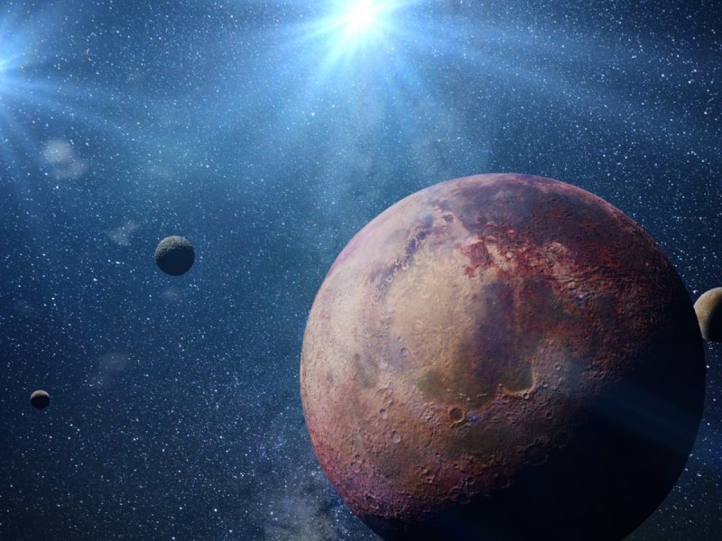3D-Illustation von einem Exoplaneten mit Exo-Monden umkreist ein Doppelstern-System.