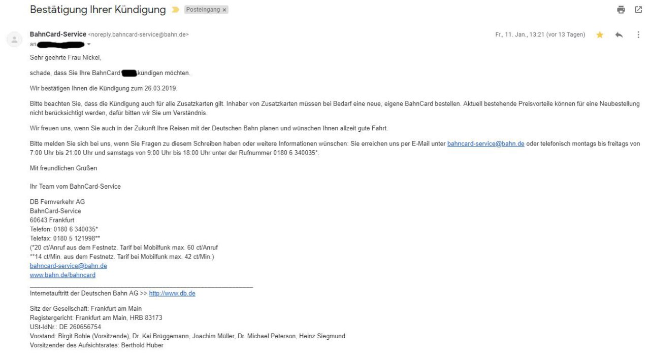 So sieht die Bestätigungs-Mail der Deutschen Bahn aus, wenn du deine BahnCard online gekündigt hast.