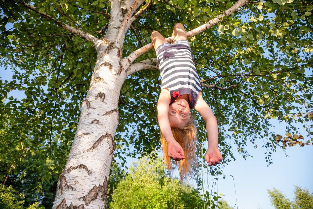 Ein Mädchen baumelt kopfüber vom Baum: die Schwerkraft macht das.