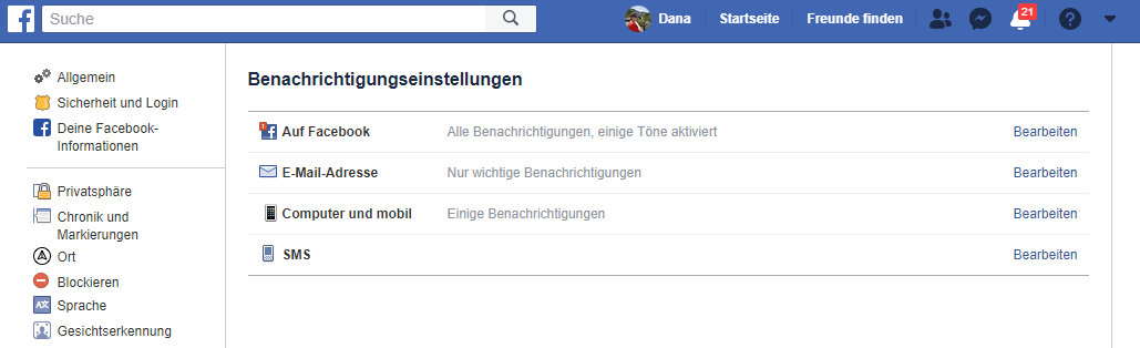 Bei Facebook könnt ihr verschiedene Kanäle direkt ansteuern, um Nachrichten abzustellen.