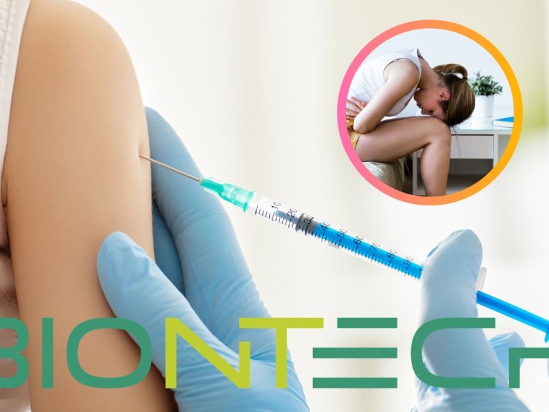 Impftung mit einer Spritze und das Biontech-Logo