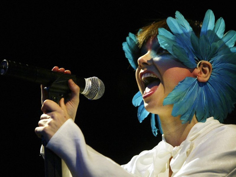 Die isländische Sängerin Björk mit Blumen an den Ohren