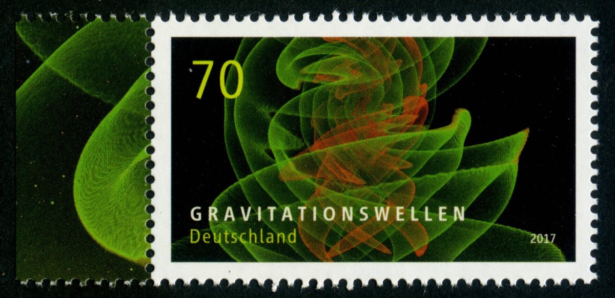 Mit einer Briefmarke würdigte die Deutsche Post Anfang 2018 die Entdeckung von Gravitationswellen.