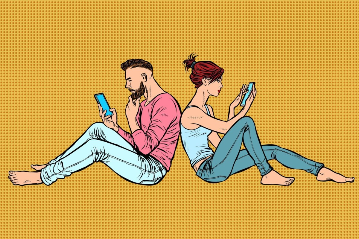 Mann und Frau blicken auf Smartphone im Comic-Stil