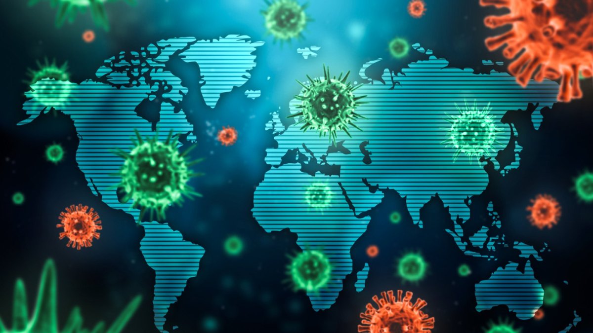 Coronavirus-Zellen auf der Weltkarte.