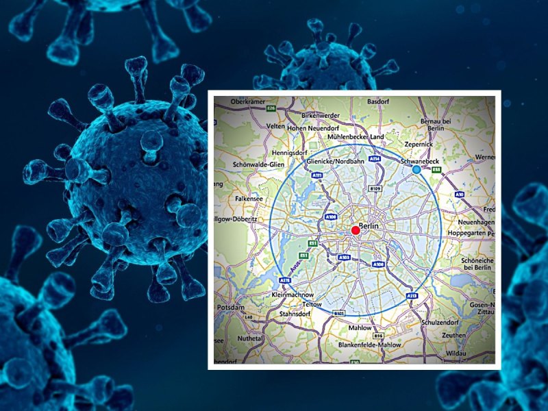 Coronavirus-Zellen mit Deutschlandkarte mit Berlin im Mittelpunkt.