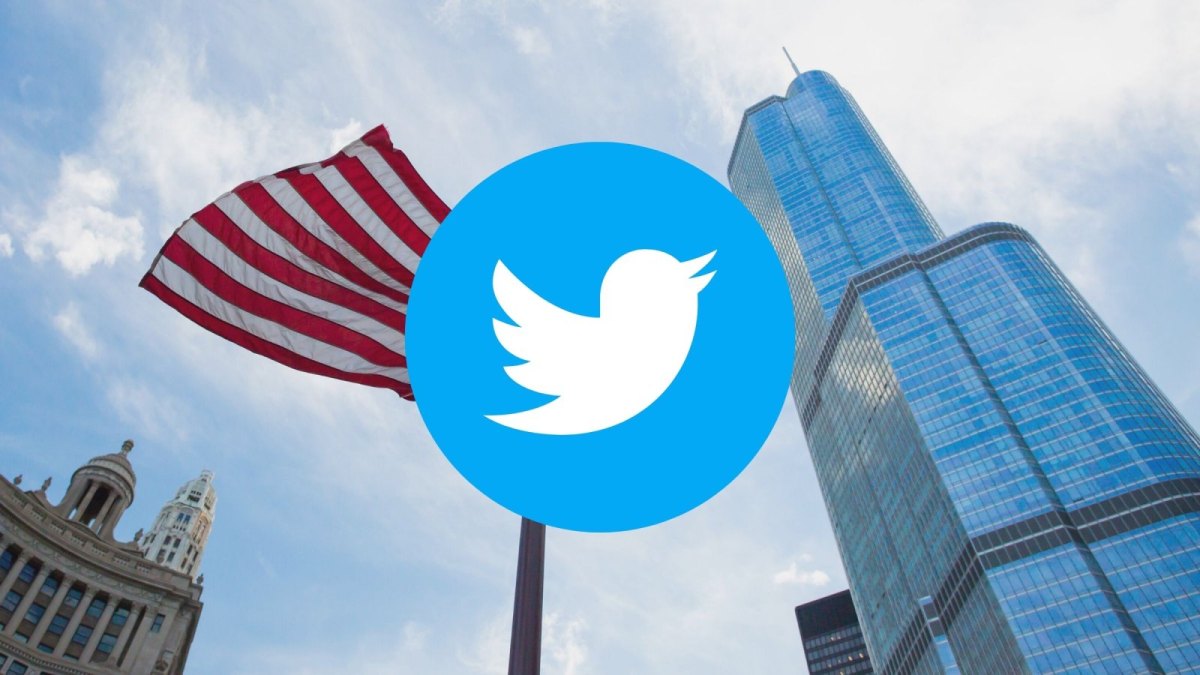 Twitter Logo und US-Fahne vor dem Trump Tower