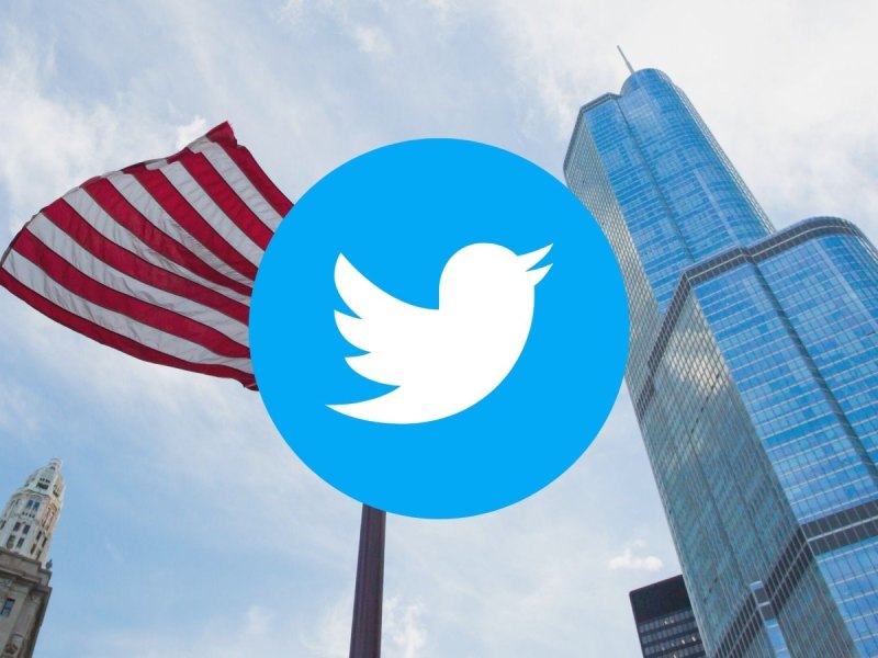 Twitter Logo und US-Fahne vor dem Trump Tower