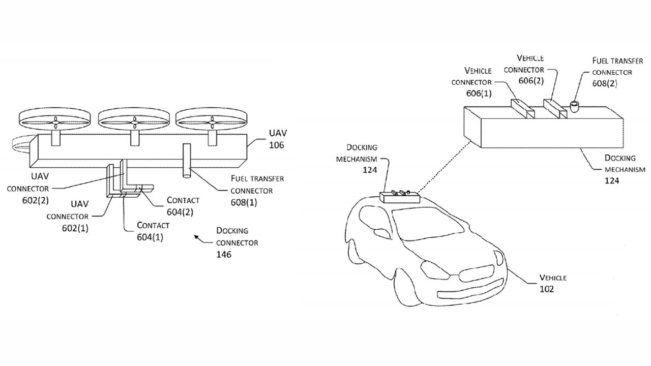 Illustration aus einem Amazon-Patent, das eine Drohne zeigt, die ein Elektroauto aufladen kann