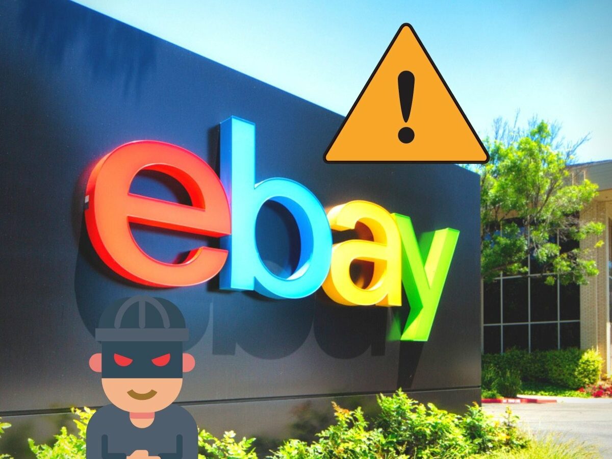 ebay-Logo mit Warnzeigen und Räuber