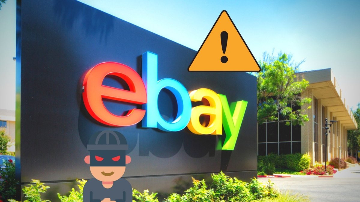 ebay-Logo mit Warnzeigen und Räuber