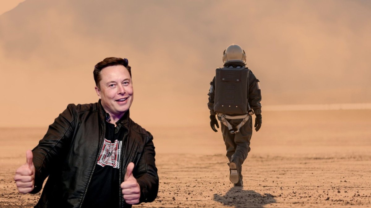 Elon Musk mit einem Menschen auf dem Mars