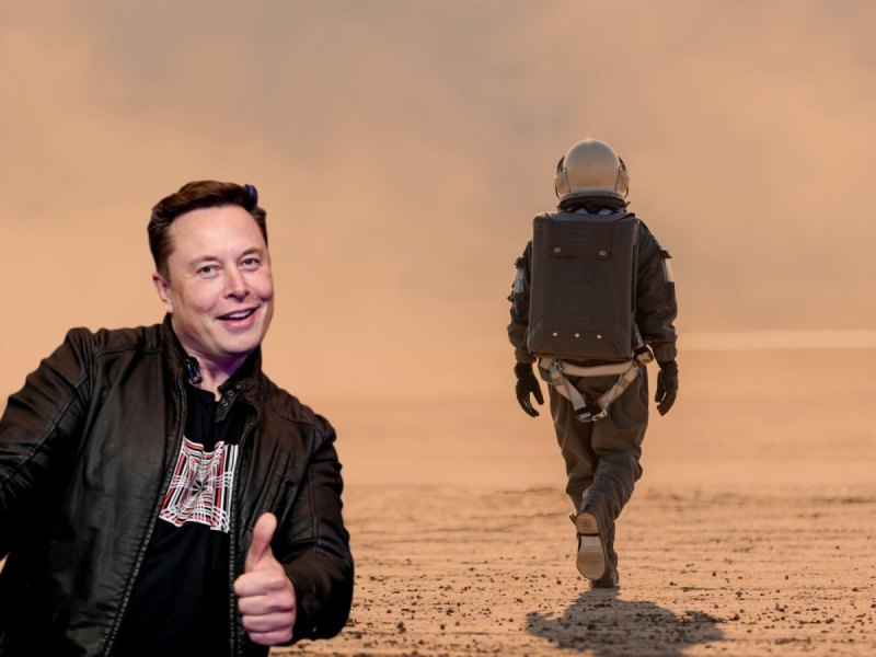 Elon Musk mit einem Menschen auf dem Mars