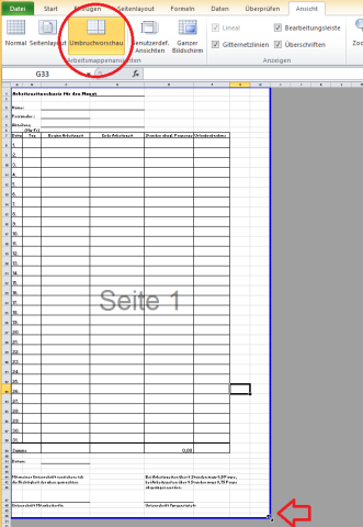 Excel-Tabelle drucken: Mit der Umbruchvorschau könnt ihr die Seitenränder einfach einstellen, damit der gesamte Inhalt reinpasst.