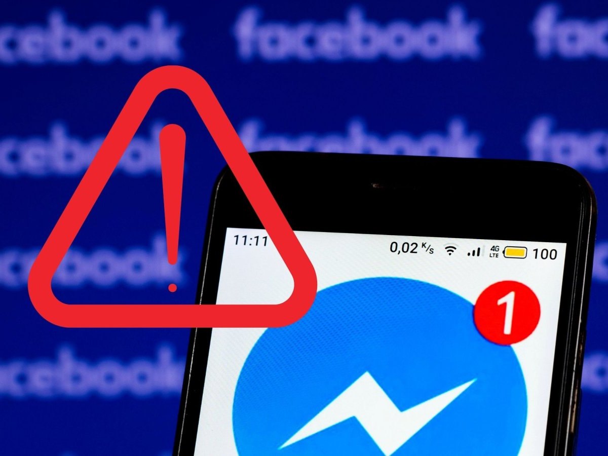 Facebook Messenger mit einer Nachricht und einem Achtung-Symbol mit Ausrufezeichen.