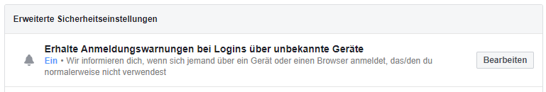 Auch auf "Sicherheit und Login" kannst du die Funktion "Erhalte Anmeldungswarnungen bei Logins über unbekannte Geräte" aktivieren.