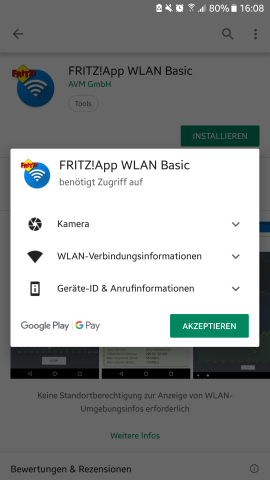 Bevor du die Fritz!App WLAN Basic installieren kannst, musst du ihr Zugriff auf deine Geräte-ID und Anruferinfos gewähren.