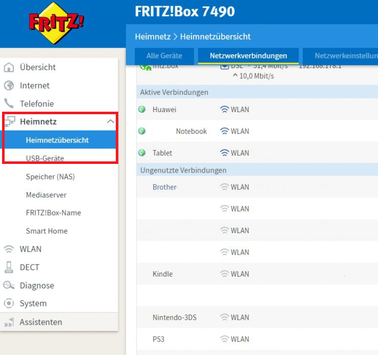 In der Fritzbox findet ihr eine Liste der Netzwerkgeräte unter "Heimnetzübersicht".