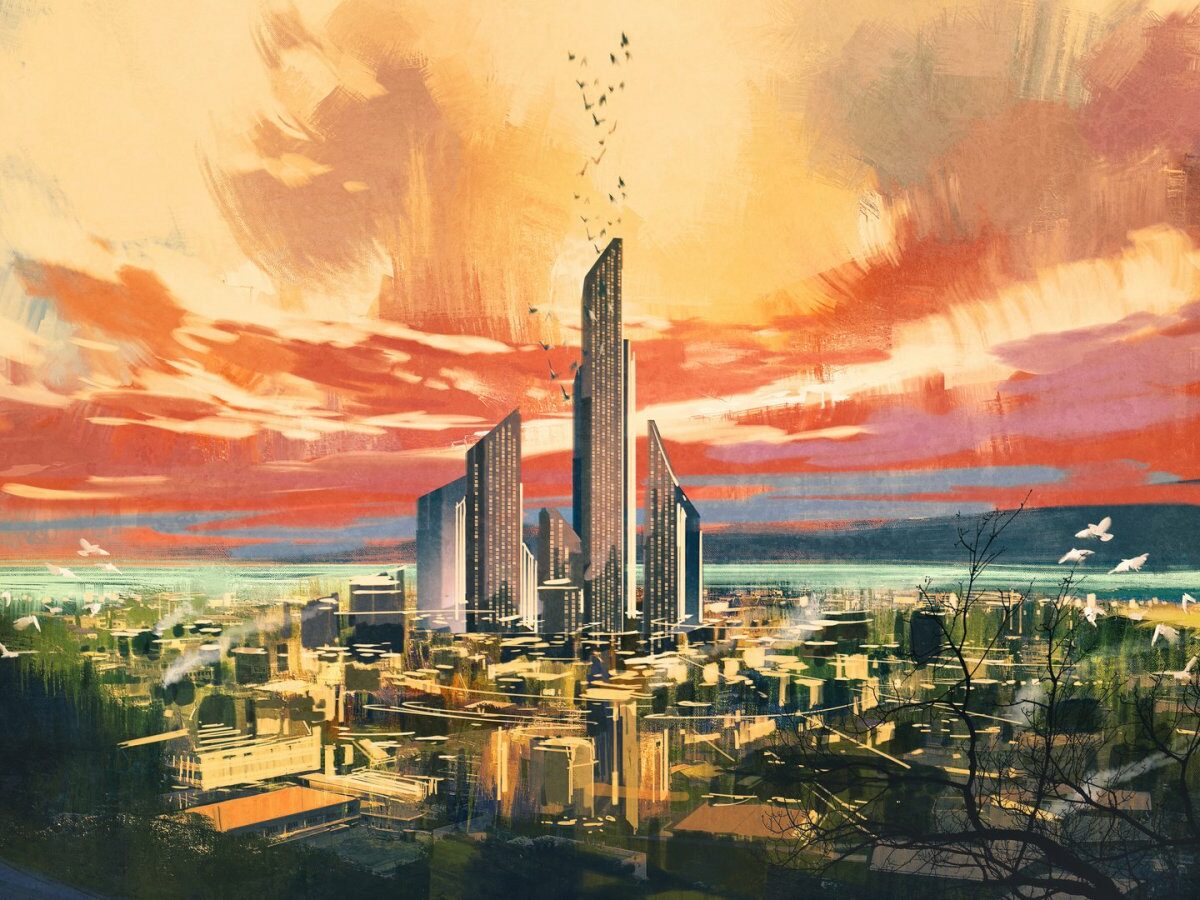 Ein gemaltes Bild einer futuristischen Großstadt.