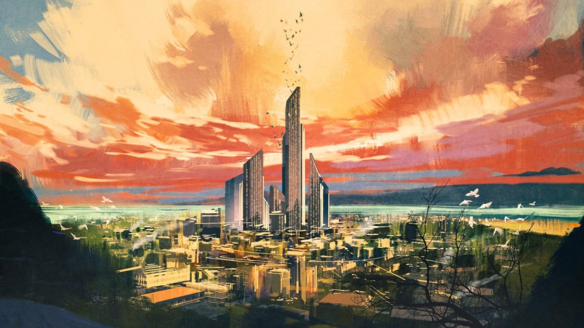 Ein gemaltes Bild einer futuristischen Großstadt.