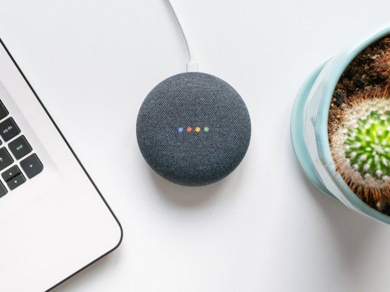 Google Assistant-Lautsprecher neben MacBook und Kaktus