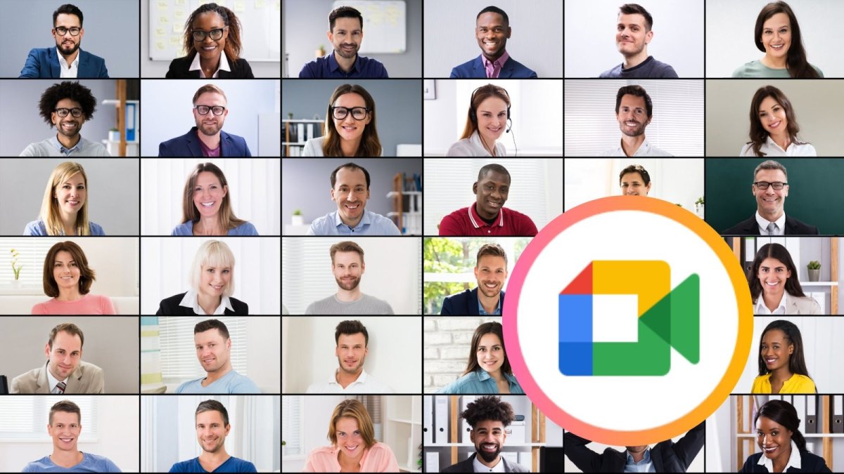 Videokonferenz mit vielen Leuten und das Google Meet-Logo