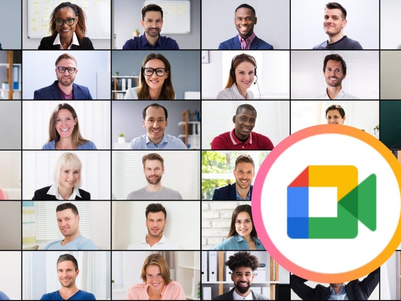 Videokonferenz mit vielen Leuten und das Google Meet-Logo