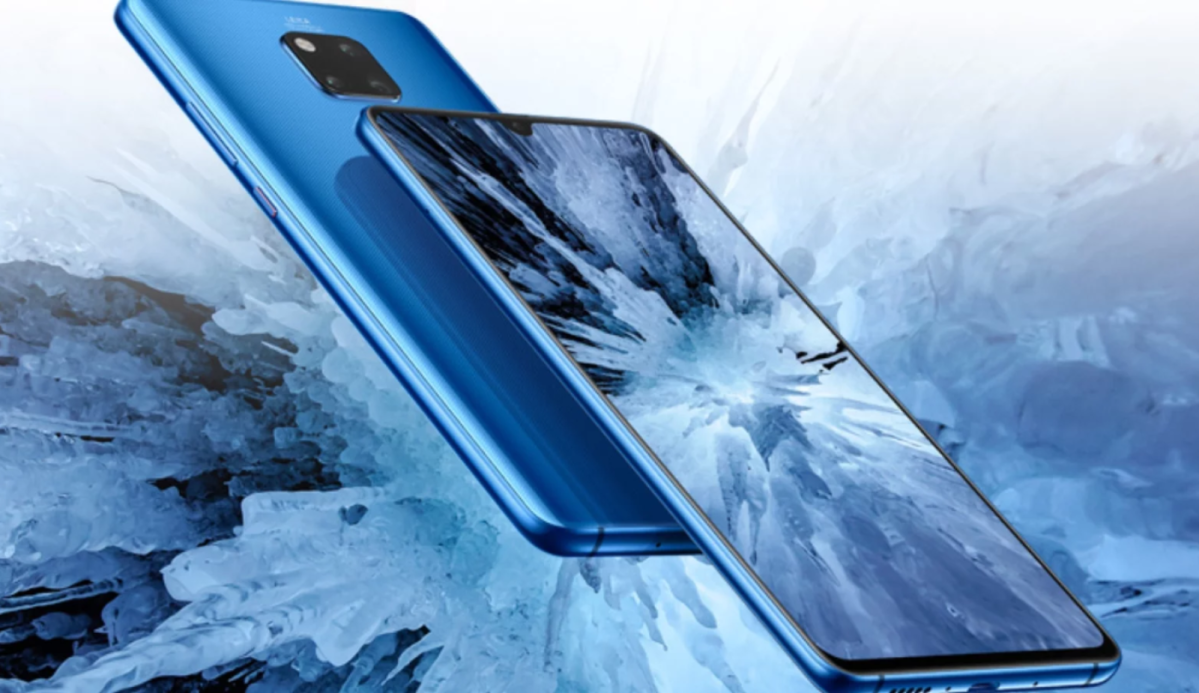 Vorder- und Rückseite eines Huawei-Handys für einem blauen Hintergrund