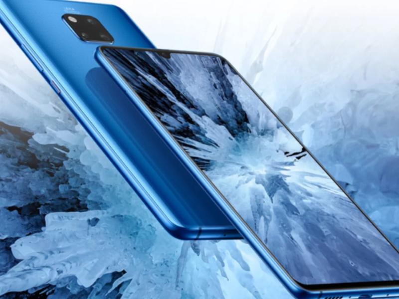 Vorder- und Rückseite eines Huawei-Handys für einem blauen Hintergrund