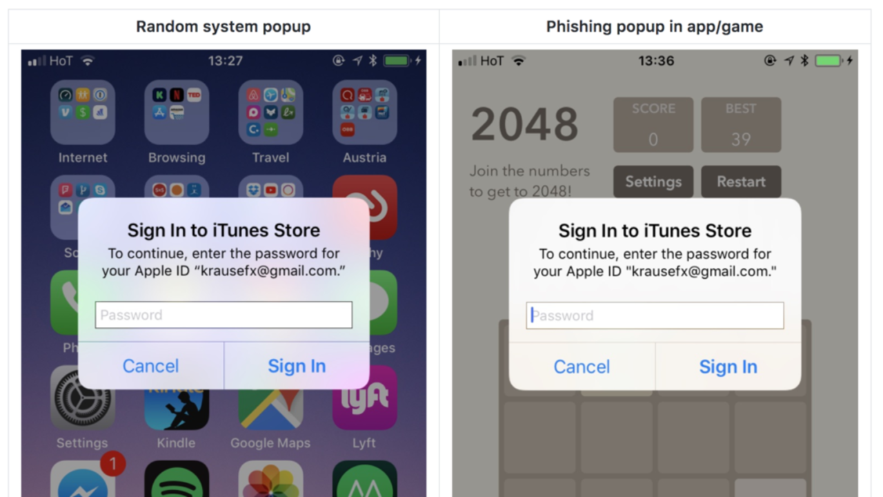 Pop-ups in iOS lassen sich leicht fälschen, so der Entwickler.