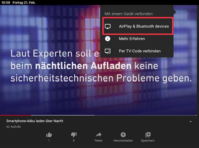 Auch Video aus der YouTube-App kannst du auf dein Apple TV übertragen. 