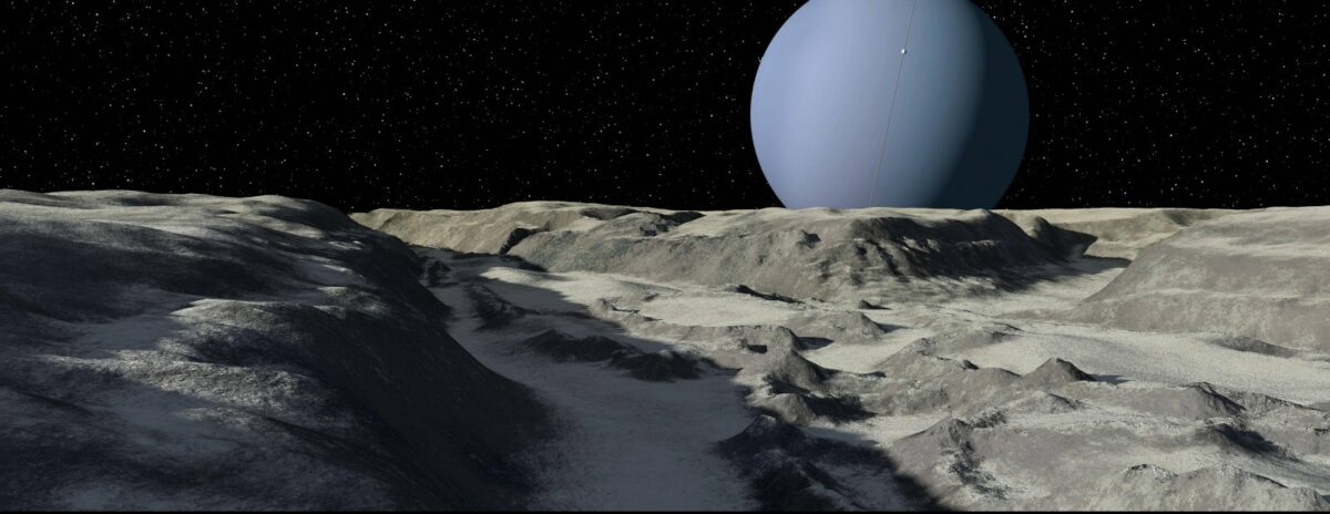 Illustration des Uranus gesehen von der Oberfläche seines Mondes Ariel