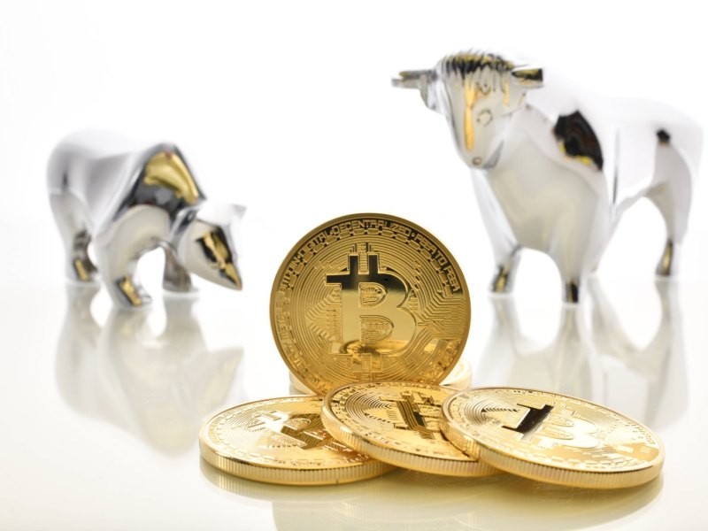 Bitcoin-Münzen neben einem Bären und einem Stier.