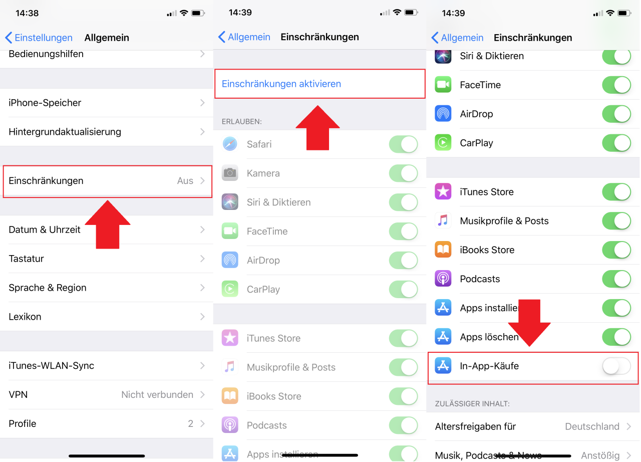 Bei iOS-Geräten könnt ihr die In-App-Käufe in den Einstellungen unter den Einschränkungen deaktivieren.