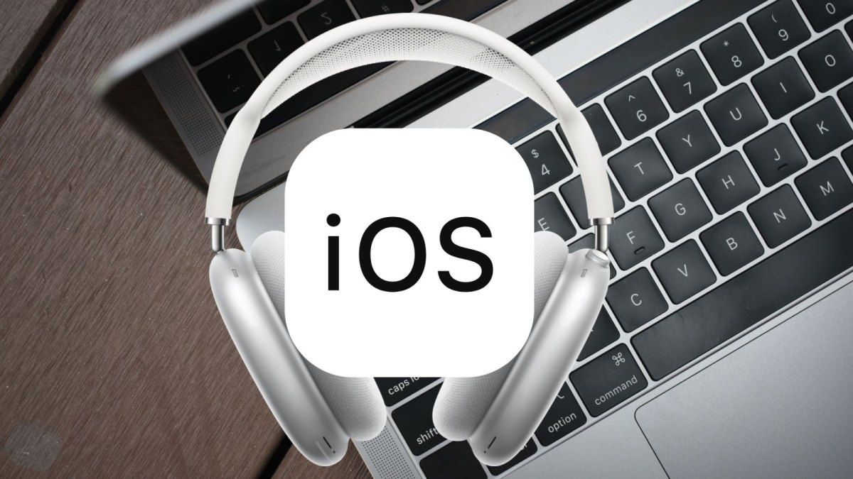 iOS-Schriftzug und AirPods-Max und MacBook