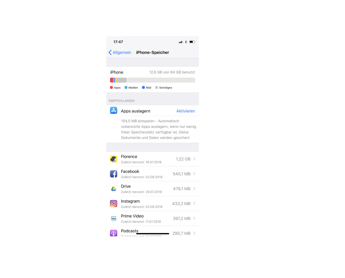 Im iPhone-Speicher kannst du Apps auslagern und den vollen Handy-Speicher etwas leeren.