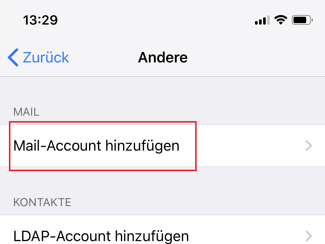 Andere E-Mail einrichten auf dem iPhone: Wählt "Mail-Account" hinzufügen aus.