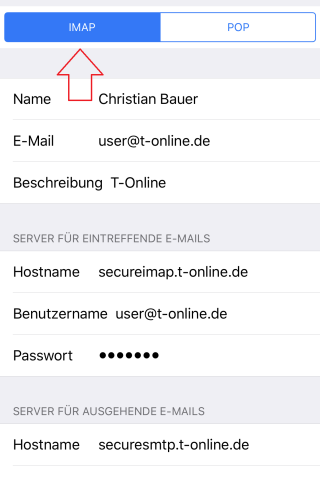 Füllt die Daten für den Server eingehender und ausgehender Mails aus. Wichtig: "IMAP" oben antippen.