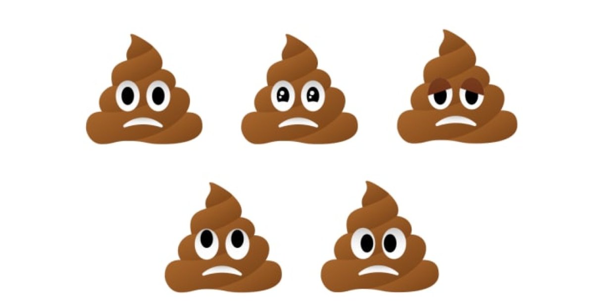 Fünf verschiedene Darstellungen des Kackhaufen-Emojis