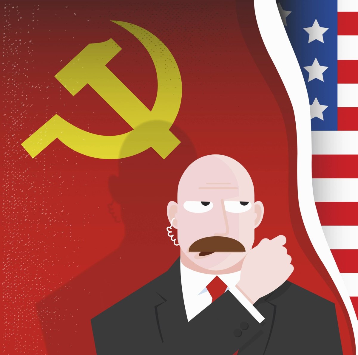 Illustration zeigt Agenten vor Tapete mit russischer Landessymbolik